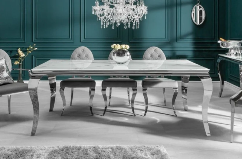 Casa Padrino Designer Esstisch Weiß / Grau / Silber 200 x 105 x H. 75 cm - Rechteckiger Edelstahl Küchentisch mit digitalbedrucktem Sicherheitsglas in Marmoroptik - Moderne Barock Möbel