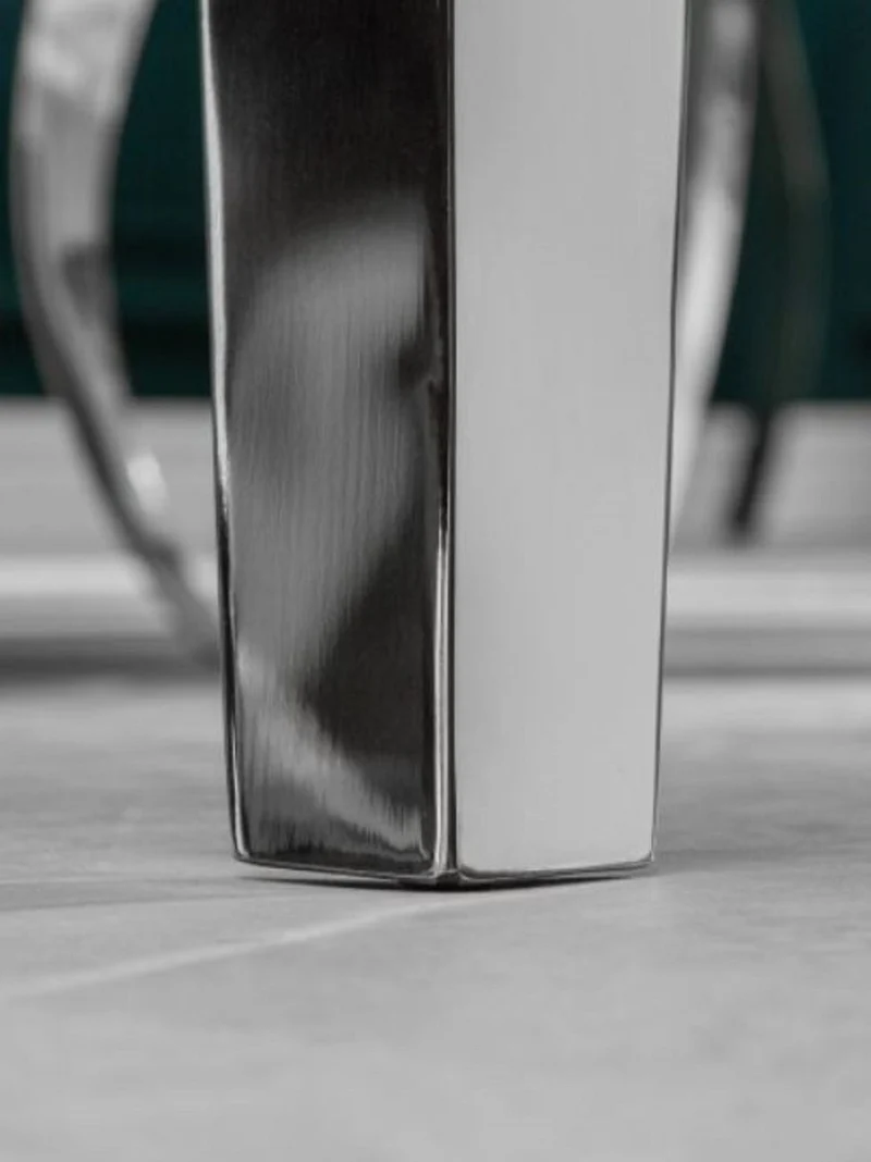 Casa Padrino Designer Esstisch Weiß / Grau / Silber 200 x 105 x H. 75 cm - Rechteckiger Edelstahl Küchentisch mit digitalbedrucktem Sicherheitsglas in Marmoroptik - Moderne Barock Möbel