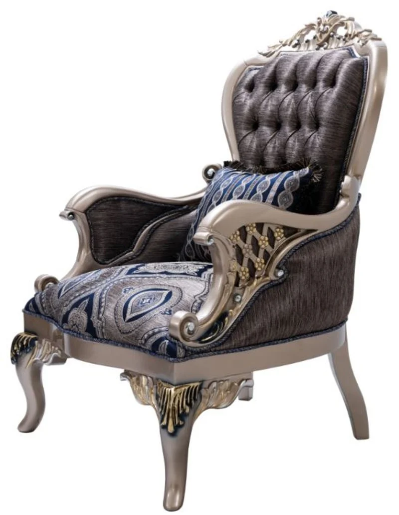 Casa Padrino Luxus Barock Sessel mit dekorativem Kissen Blau / Silber / Gold 81 x 85 x H. 119 cm - Barock Wohnzimmer Sessel - Barock Möbel