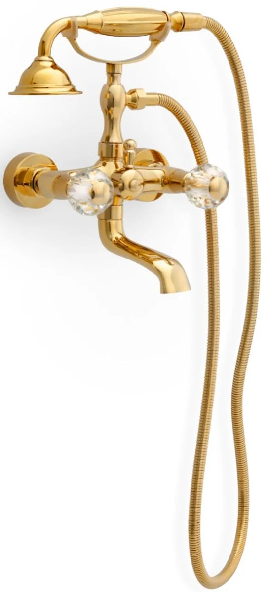 Casa Padrino Luxus Jugendstil Wannenbatterie mit Schlauch und Handbrause Gold - Badewannen Armatur mit Kristallglas - Nostalgisches Bad Zubehör