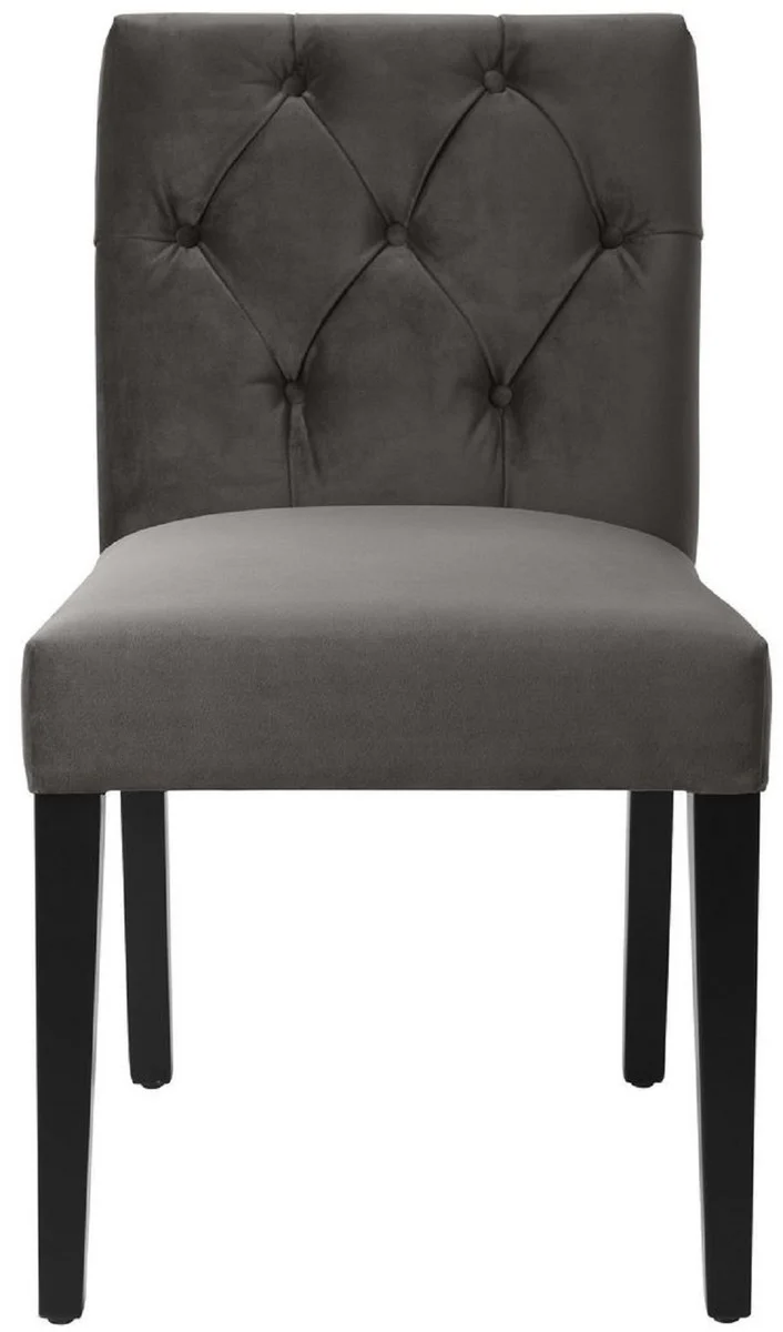 Casa Padrino Luxus Esszimmerstuhl Grau / Schwarz 51 x 64 x H. 90 cm - Chesterfield Küchenstuhl mit edlem Samtstoff - Luxus Esszimmer Möbel