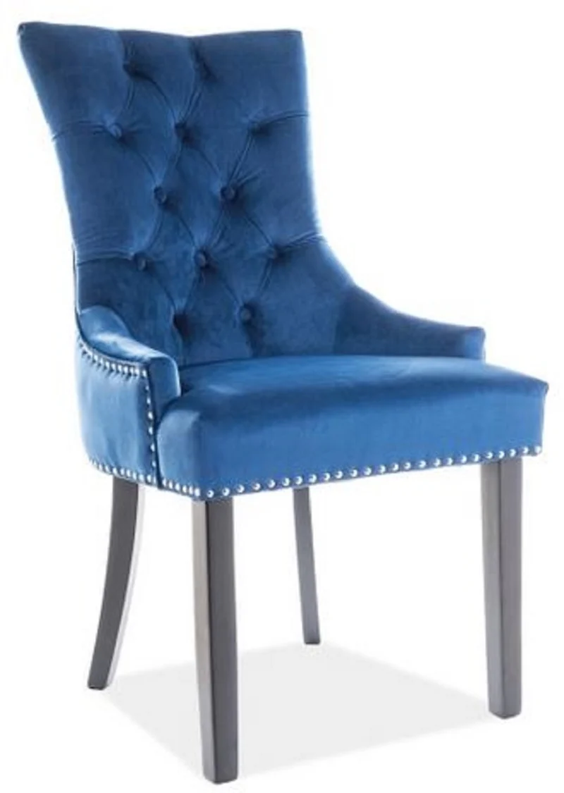 Casa Padrino Luxus Chesterfield Esszimmerstuhl Blau / Silber / Schwarz 55 x 45 x H. 99 cm - Küchenstuhl mit Samtstoff - Esszimmer Möbel
