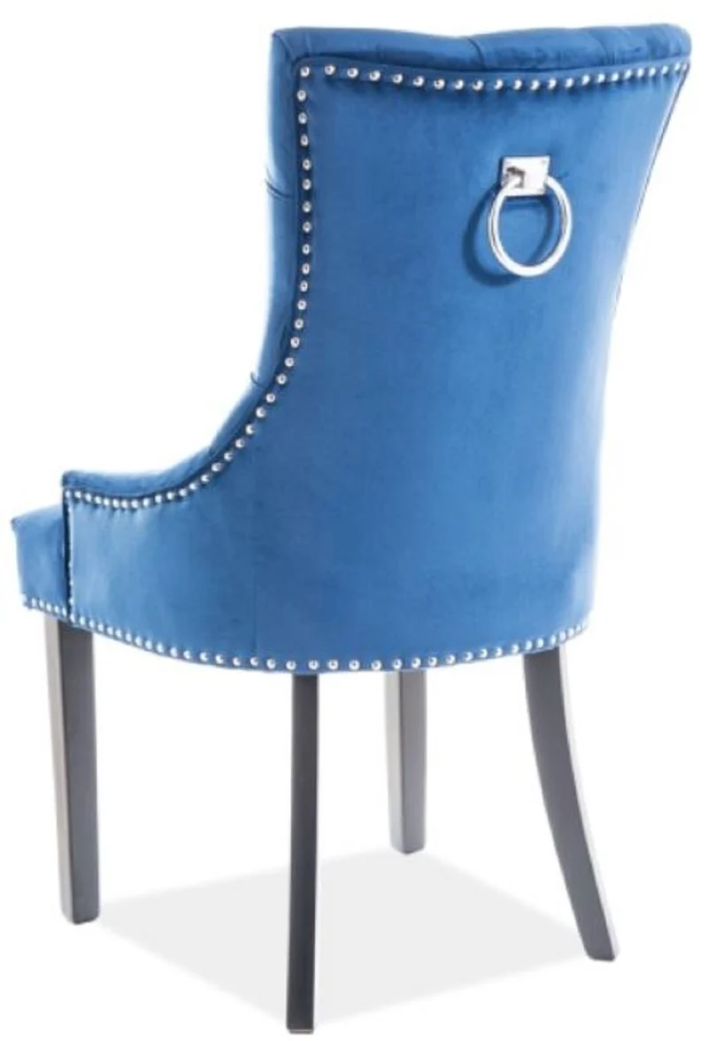 Casa Padrino Luxus Chesterfield Esszimmerstuhl Blau / Silber / Schwarz 55 x 45 x H. 99 cm - Küchenstuhl mit Samtstoff - Esszimmer Möbel