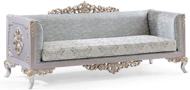 Casa Padrino Luxus Barock Sofa Türkis / Silber / Gold 225 x 86 x H. 98 cm - Edles Wohnzimmer Sofa im Barockstil - Barock Möbel