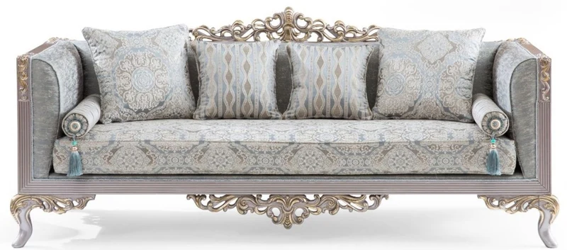 Casa Padrino Luxus Barock Sofa Türkis / Silber / Gold 225 x 86 x H. 98 cm - Edles Wohnzimmer Sofa im Barockstil - Barock Möbel