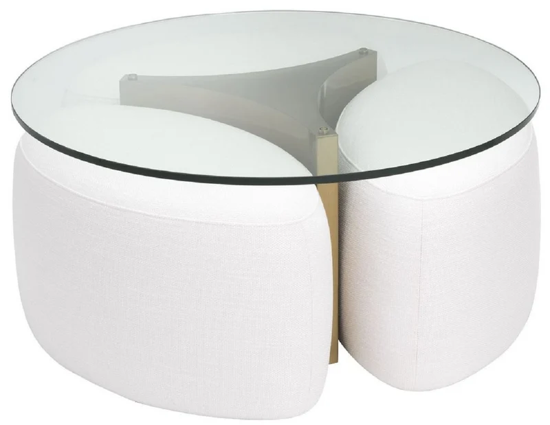 Casa Padrino Luxus Couchtisch Weiß / Antik Messingfarben Ø 104 x H. 46,5 cm - Runder Edelstahl Wohnzimmertisch mit Glasplatte und 3 eleganten Sitzhocker - Wohnzimmer Möbel - Luxus Möbel