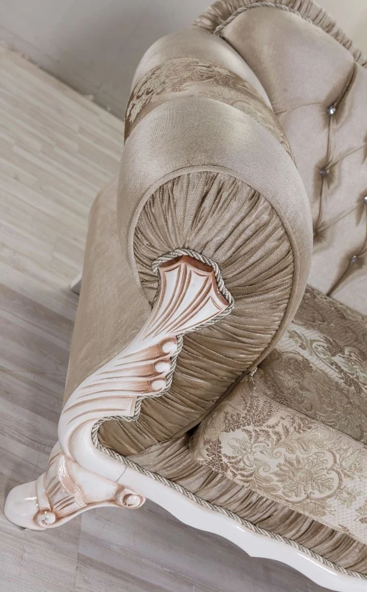 Casa Padrino Barock Sofa Braun / Weiß / Beige 230 x 84 x H. 100 cm - Prunkvolles Wohnzimmer Sofa mit Glitzersteinen - Barockstil Möbel
