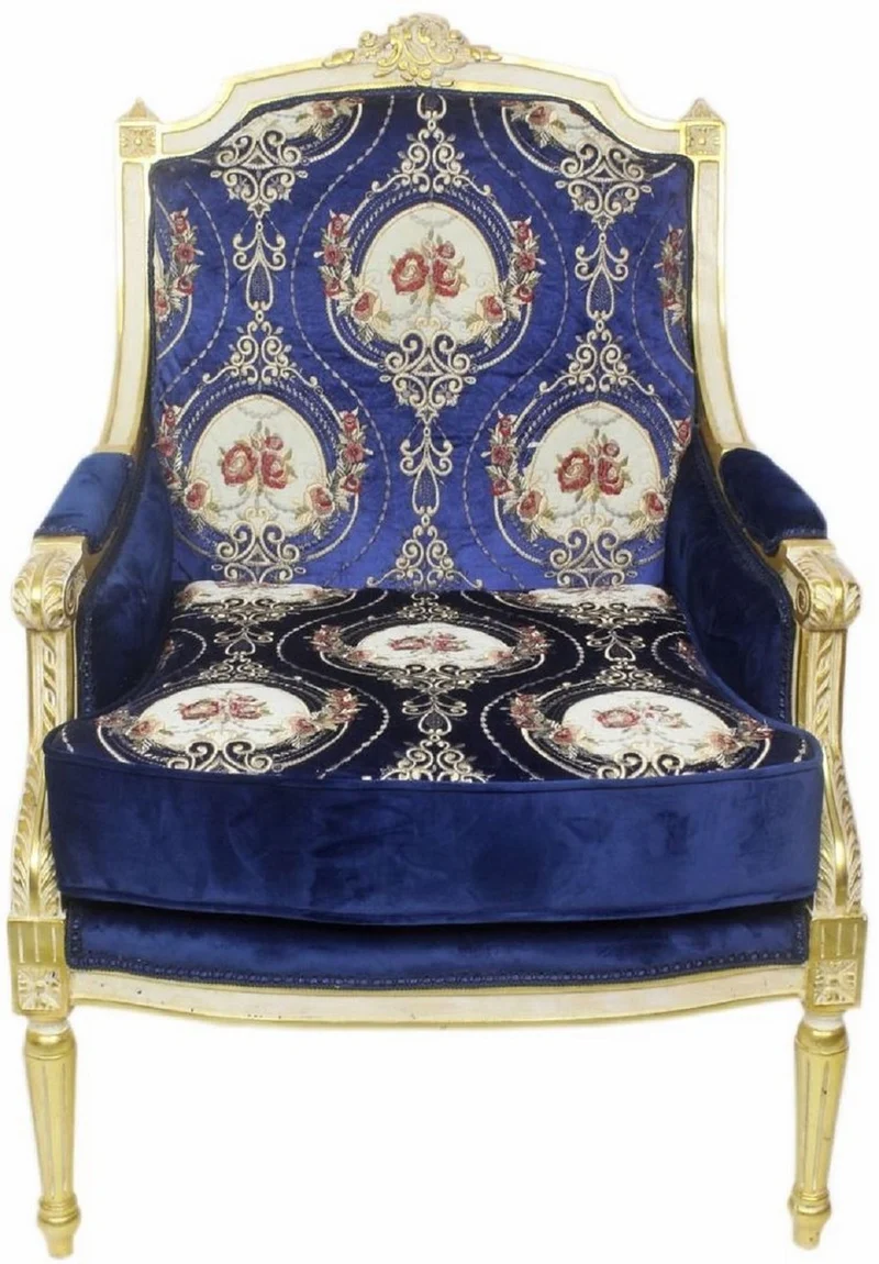 Casa Padrino Barock Lounge Thron Sessel mit elegantem Muster Royalblau / Rot / Weiß / Gold 70 x 70 x H. 100 cm - Barock Möbel