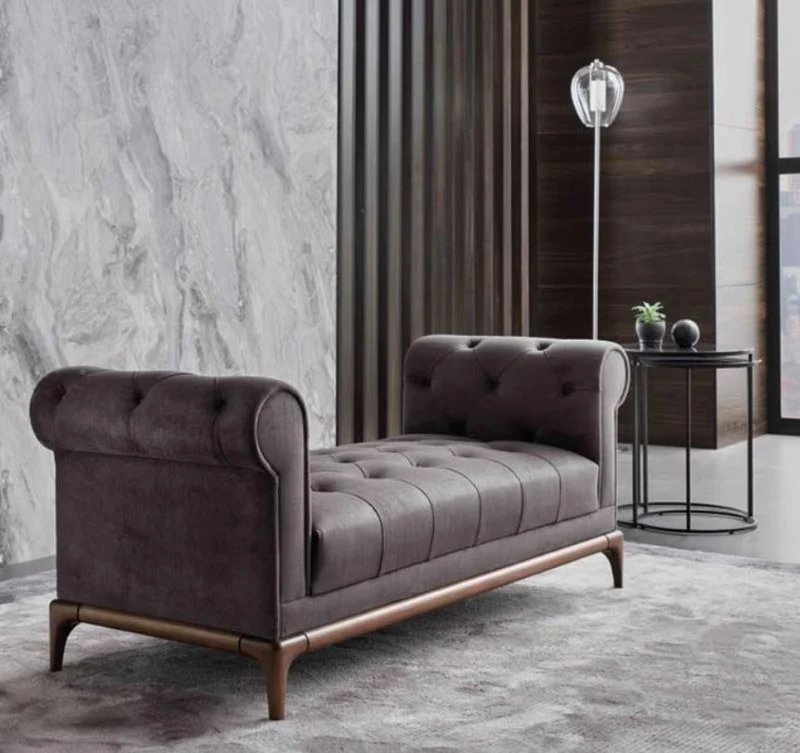 Casa Padrino Luxus Chesterfield Sitzbank Lila / Braun 150 x 58 x H. 67 cm - Moderne gepolsterte Massivholz Bank mit edlem Samtstoff - Luxus Qualität