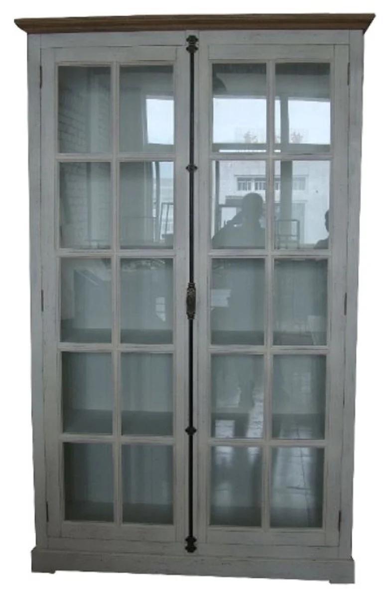 Casa Padrino Landhausstil Vitrine Antik Weiß / Naturfarben 136 x 43 x H. 222 cm - Vitrinenschrank mit 2 Glastüren