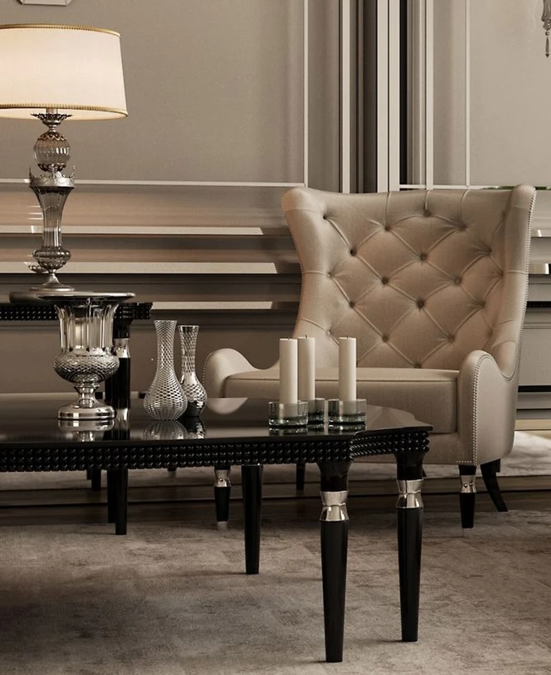 Casa Padrino Luxus Art Deco Chesterfield Ohrensessel Grau / Schwarz / Silber 90 x 75 x H. 105 cm - Wohnzimmer Sessel - Luxus Qualität