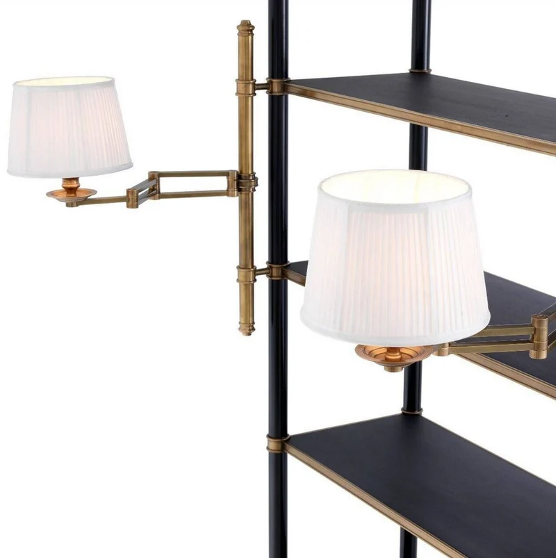 Casa Padrino Luxus Regalschrank mit 2 schwenkbaren Leuchten Vintage Messing / Schwarz 105 x 44 x H. 250 cm - Bücherschrank - Wohnzimmerschrank - Büroschrank - Luxus Möbel