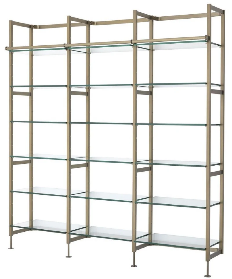 Casa Padrino Luxus Regalschrank Messingfarben 222,5 x 51 x H. 238 cm - Edelstahl Schrankwand mit 18 verstellbaren Glasregalen - Wohnzimmerschrank - Büroschrank - Luxus Möbel