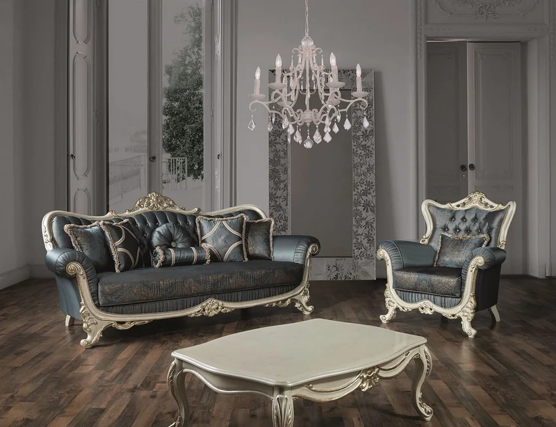 Casa Padrino Luxus Barock Wohnzimmer Sofa mit Glitzersteinen und dekorativen Kissen Blau / Creme / Gold 240 x 95 x H. 105 cm - Edle Couch im Barockstil
