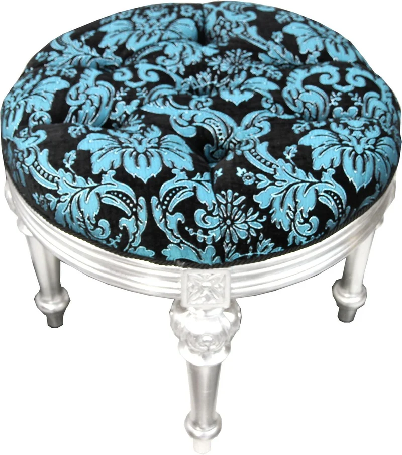 Pompöös by Casa Padrino Luxus Barock Sitzhocker Rund Türkis Schwarz Muster / Silber - Pompööser Barock Hocker designed by Harald Glööckler