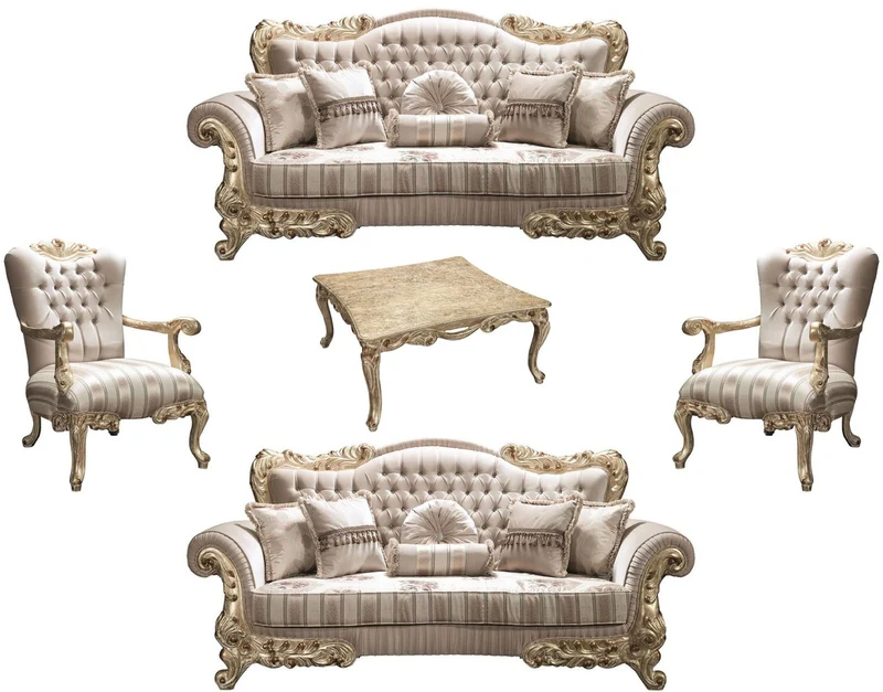 Casa Padrino Luxus Barock Wohnzimmer Set Beige / Gold - 2 Sofas & 2 Sessel & 1 Couchtisch - Prunkvolle Wohnzimmermöbel im Barockstil