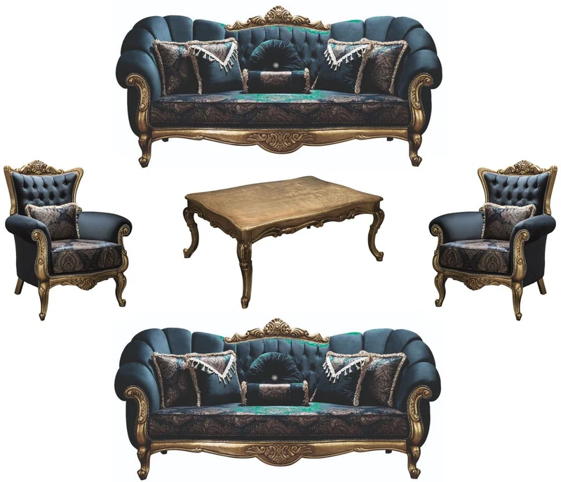Casa Padrino Luxus Barock Wohnzimmer Set Blau / Gold - 2 Sofas & 2 Sessel & 1 Couchtisch - Wohnzimmer Möbel - Edel & Prunkvoll