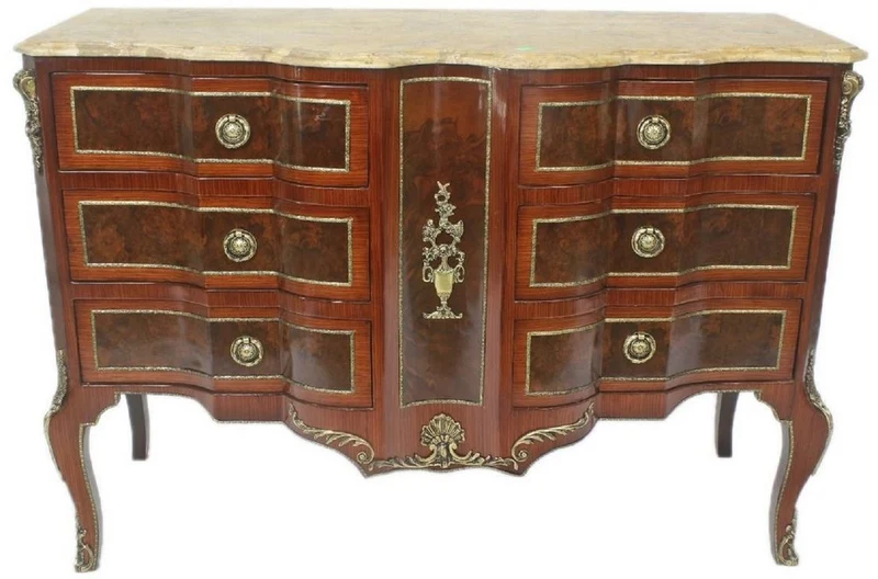Casa Padrino Barock Kommode Braun / Gold / Creme 130 x 50 x H. 90 cm - Handgefertigte Massivholz Kommode mit 6 Schubladen und Marmorplatte - Barock Möbel