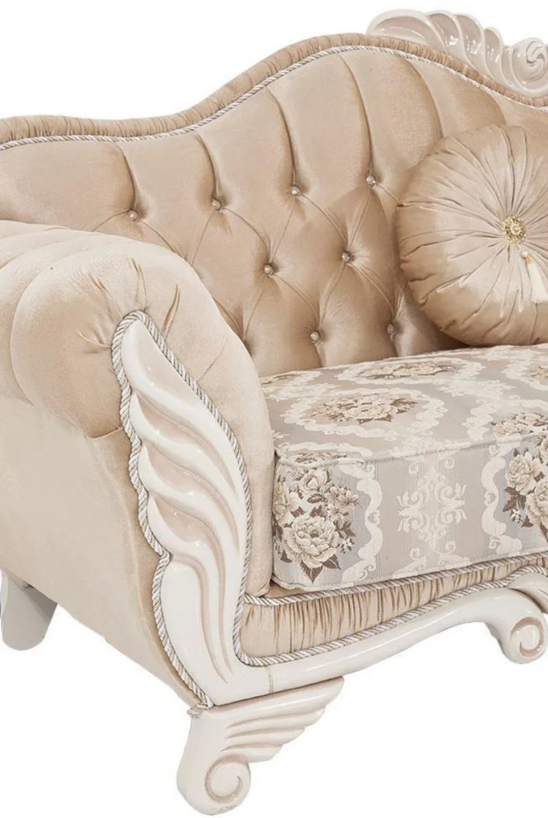 Casa Padrino Luxus Barock Wohnzimmer Set Beige / Weiß - 2 Sofas & 2 Sessel & 1 Hocker - Wohnzimmer Möbel im Barockstil - Edel & Prunkvoll