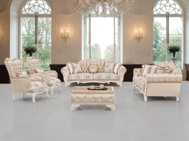 Casa Padrino Luxus Barock Wohnzimmer Set Beige / Weiß - 2 Sofas & 2 Sessel & 1 Hocker - Wohnzimmer Möbel im Barockstil - Edel & Prunkvoll