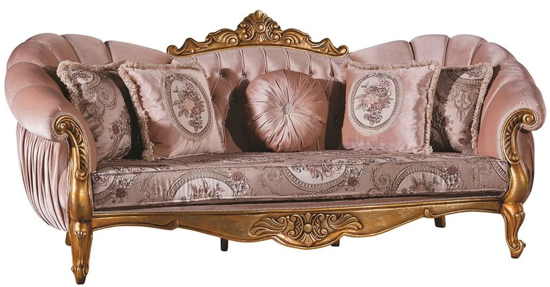 Casa Padrino Luxus Barock Wohnzimmer Set Rosa / Gold - 2 Sofas & 2 Sessel & 1 Couchtisch - Wohnzimmer Möbel - Edel & Prunkvoll