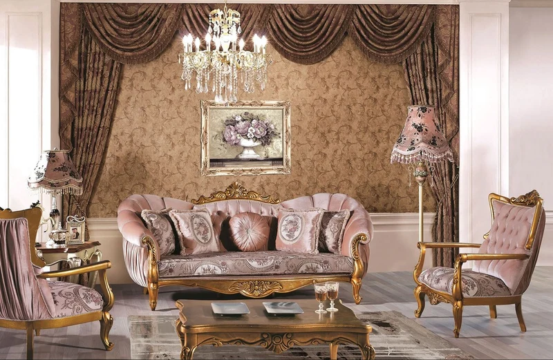 Casa Padrino Luxus Barock Wohnzimmer Set Rosa / Gold - 2 Sofas & 2 Sessel & 1 Couchtisch - Wohnzimmer Möbel - Edel & Prunkvoll