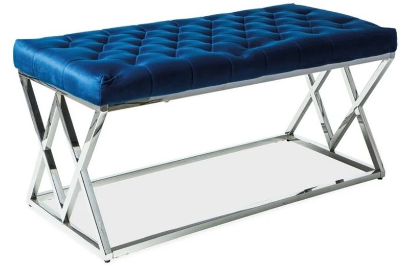 Casa Padrino Luxus Sitzbank Marineblau / Silber 100 x 48 x H. 46 cm - Gepolsterte Samt Bank mit verchromtem Edelstahl Gestell - Wohnzimmer Möbel