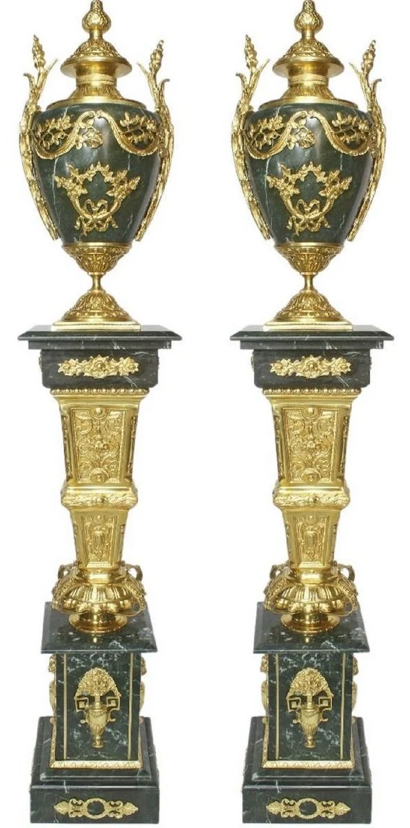 Casa Padrino Barock Deko Porzellan Vasen mit Marmor Säulen Set Grün / Gold 30 x 30 x H. 180 cm - Edel & Prunkvoll