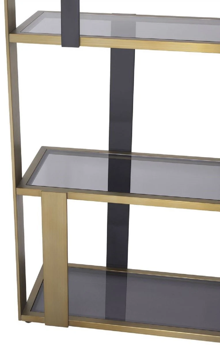 Casa Padrino Luxus Regalschrank Messing / Mattschwarz / Grau 100 x 37 x H. 240,5 cm - Edelstahl Schrank mit 5 Glasregalen - Wohnzimmerschrank - Büroschrank - Luxus Möbel