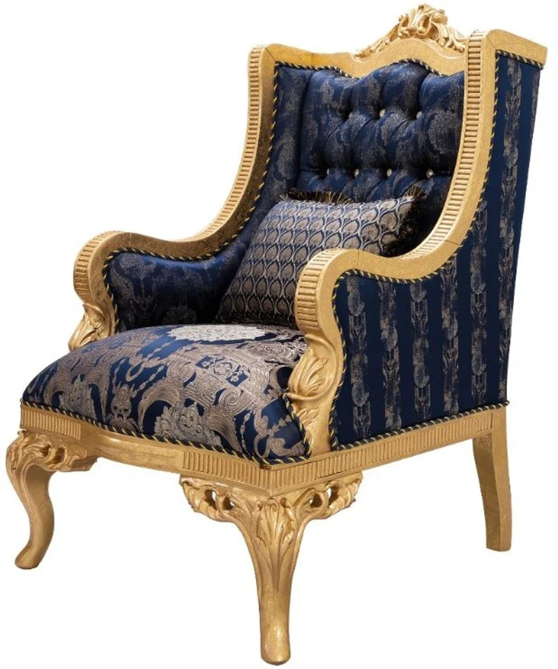 Casa Padrino Luxus Barock Wohnzimmer Set Dunkelblau / Gold - 2 Sofas & 2 Sessel & 1 Couchtisch - Prunkvolle Barock Wohnzimmer Möbel