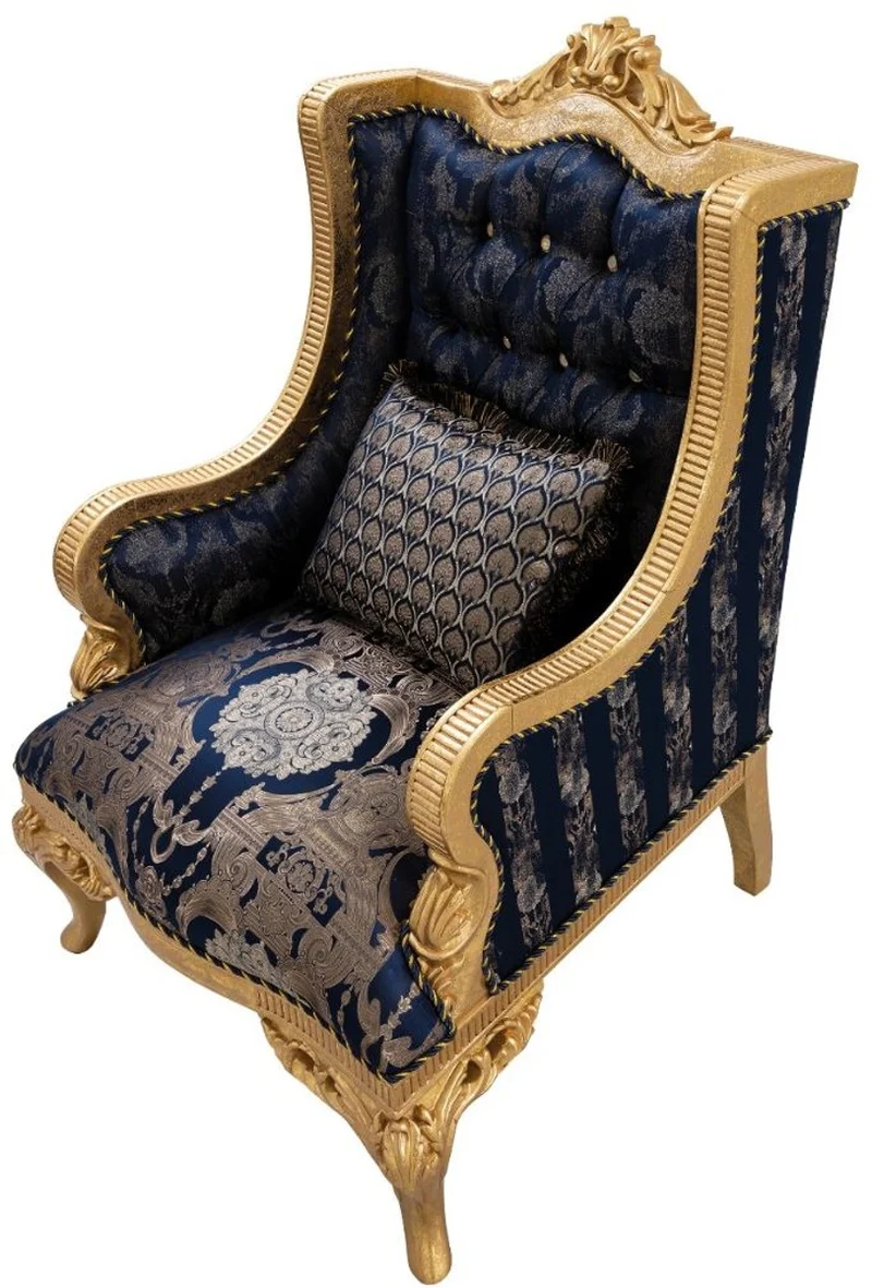 Casa Padrino Luxus Barock Wohnzimmer Set Dunkelblau / Gold - 2 Sofas & 2 Sessel & 1 Couchtisch - Prunkvolle Barock Wohnzimmer Möbel