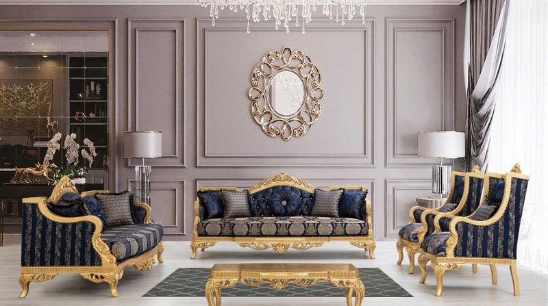 Casa Padrino Luxus Barock Wohnzimmer Set Dunkelblau / Gold - 2 Sofas & 2 Sessel & 1 Couchtisch - Prunkvolle Barock Wohnzimmer Möbel