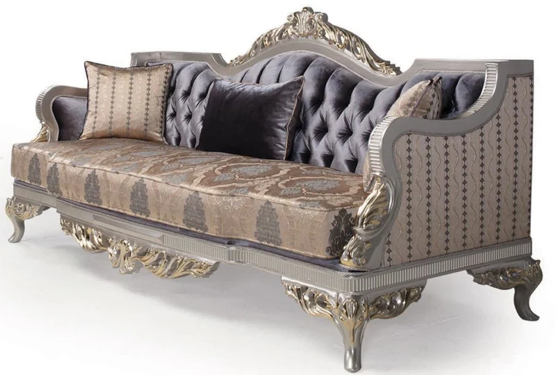 Casa Padrino Luxus Barock Wohnzimmer Set Lila / Beige / Silber / Gold - 2 Sofas & 2 Sessel & 1 Couchtisch - Wohnzimmer Möbel im Barockstil - Edel & Prunkvoll