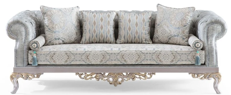 Casa Padrino Luxus Barock Wohnzimmer Set Türkis / Silber / Gold - 2 Sofas & 2 Sessel & 1 Couchtisch - Wohnzimmer Möbel im Barockstil - Edel & Prunkvoll