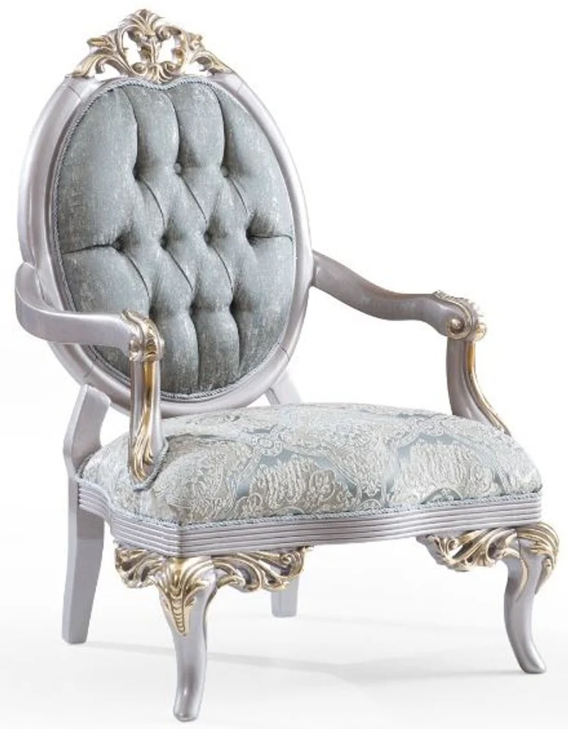 Casa Padrino Luxus Barock Wohnzimmer Set Türkis / Silber / Gold - 2 Sofas & 2 Sessel & 1 Couchtisch - Wohnzimmer Möbel im Barockstil - Edel & Prunkvoll