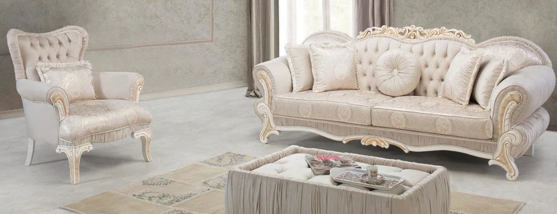 Casa Padrino Luxus Barock Wohnzimmer Set Hellrosa / Weiß / Gold - 2 Sofas & 2 Sessel & 1 Beistelltisch - Wohnzimmer Möbel im Barockstil - Edel & Prunkvoll