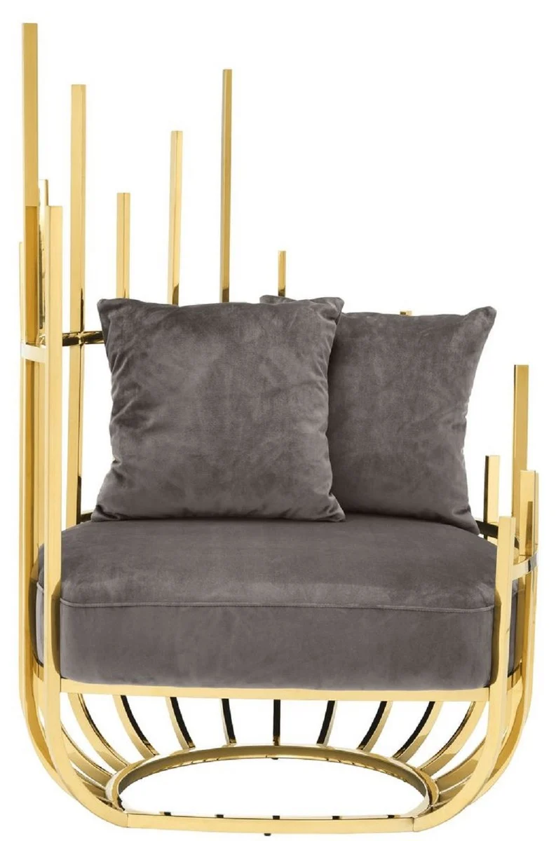 Casa Padrino Designer Sessel linksseitig mit 2 Kissen Grau / Gold 91,5 x 75 x H. 136,5 cm - Designer Wohnzimmer Möbel - Luxus Qualität