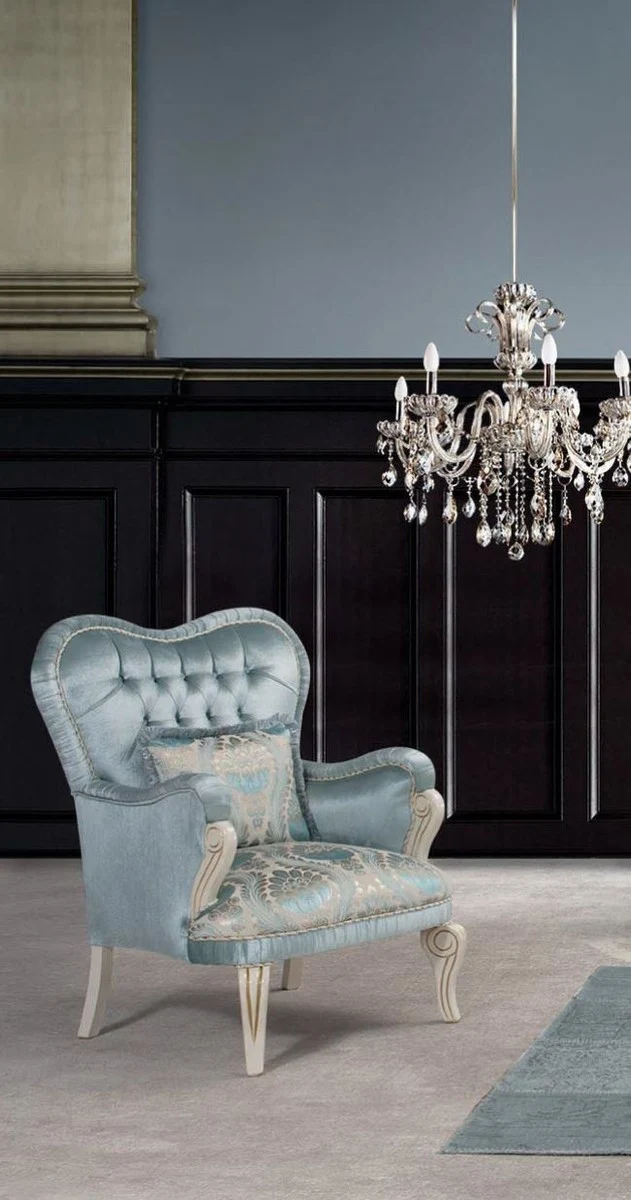Casa Padrino Luxus Barock Sessel Türkis / Creme / Gold 76 x 82 x H. 104 cm - Wohnzimmer Sessel mit dekorativem Kissen