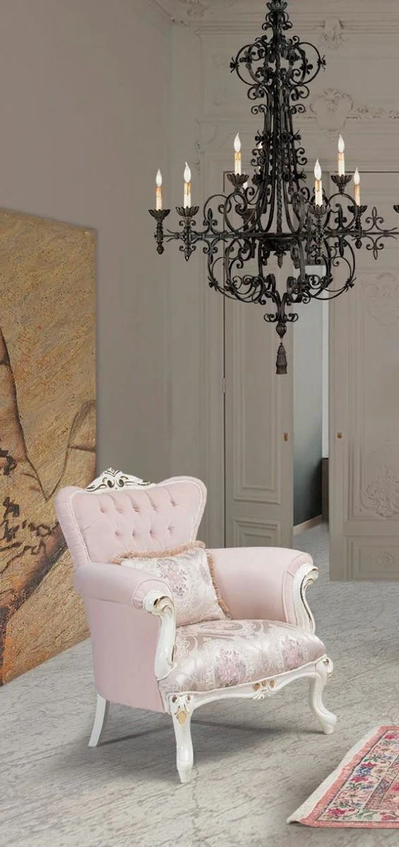 Casa Padrino Luxus Barock Sessel Rosa / Weiß / Gold 83 x 96 x H. 102 cm - Wohnzimmer Sessel mit dekorativem Kissen - Barockmöbel