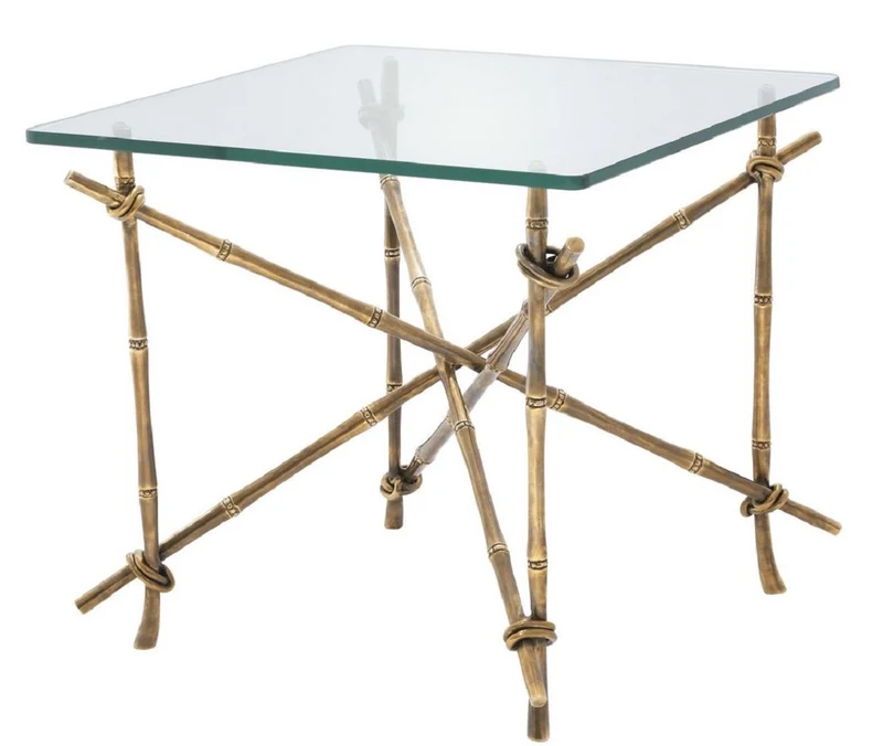 Casa Padrino Luxus Beistelltisch Vintage Messingfarben 55 x 55 x H. 49,5 cm - Messing Tisch mit Glasplatte - Luxus Möbel