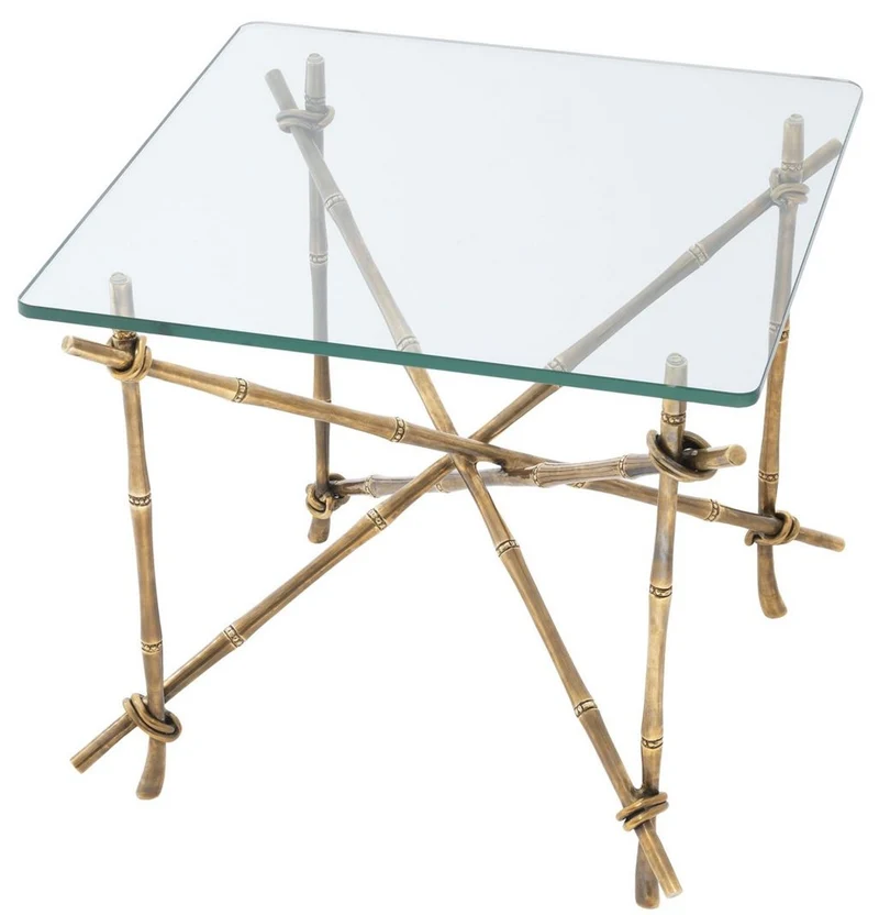 Casa Padrino Luxus Beistelltisch Vintage Messingfarben 55 x 55 x H. 49,5 cm - Messing Tisch mit Glasplatte - Luxus Möbel