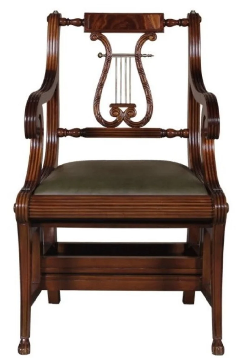 Casa Padrino Barock Leiterstuhl mit Echtleder Dunkelbraun / Grün 61,3 x 59,1 x H. 87,8 cm - Mahagoni Stuhl mit Armlehnen - Barockmöbel