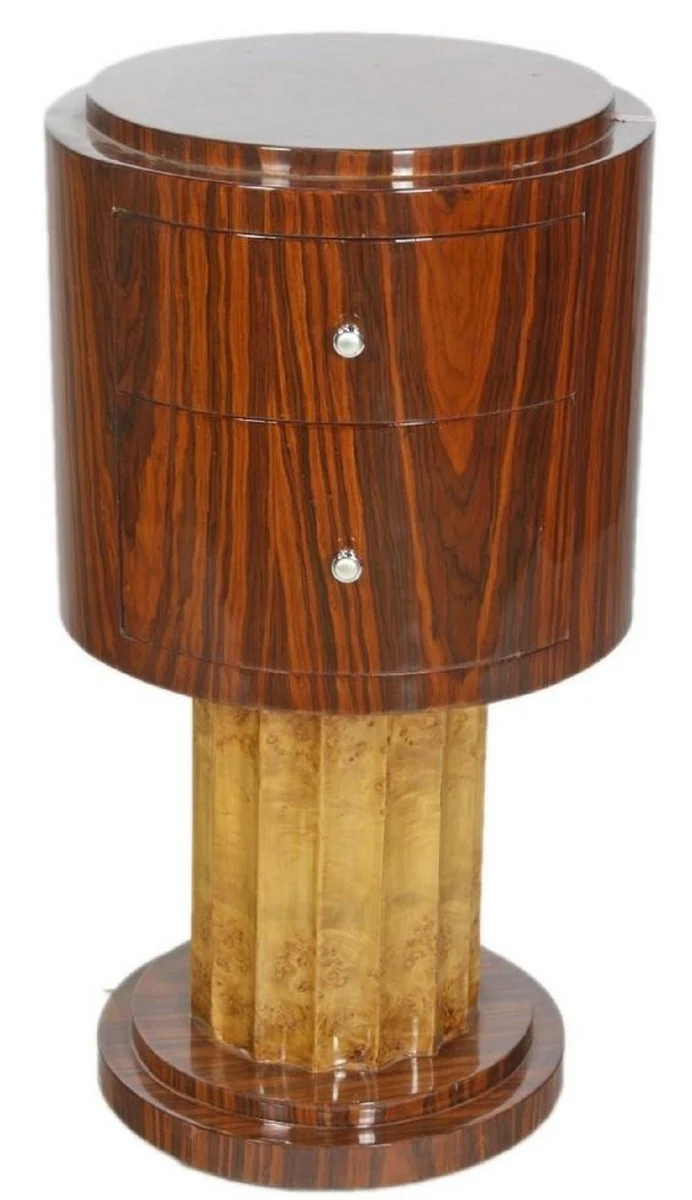 Casa Padrino Art Deco Beistelltisch Set Braun / Hellbraun Ø 40 x H. 75 cm - Runde Mahagoni & Wurzelholz Beistelltische mit 2 Schubladen
