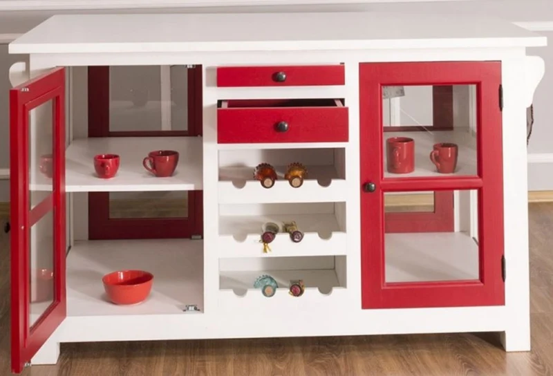 Casa Padrino Landhausstil Kücheninsel Weiß / Rot 150 x 90 x H. 90 cm - Massivholz Küchenschrank mit 4 Glastüren und 4 Schubladen - Landhausstil Küchenmöbel