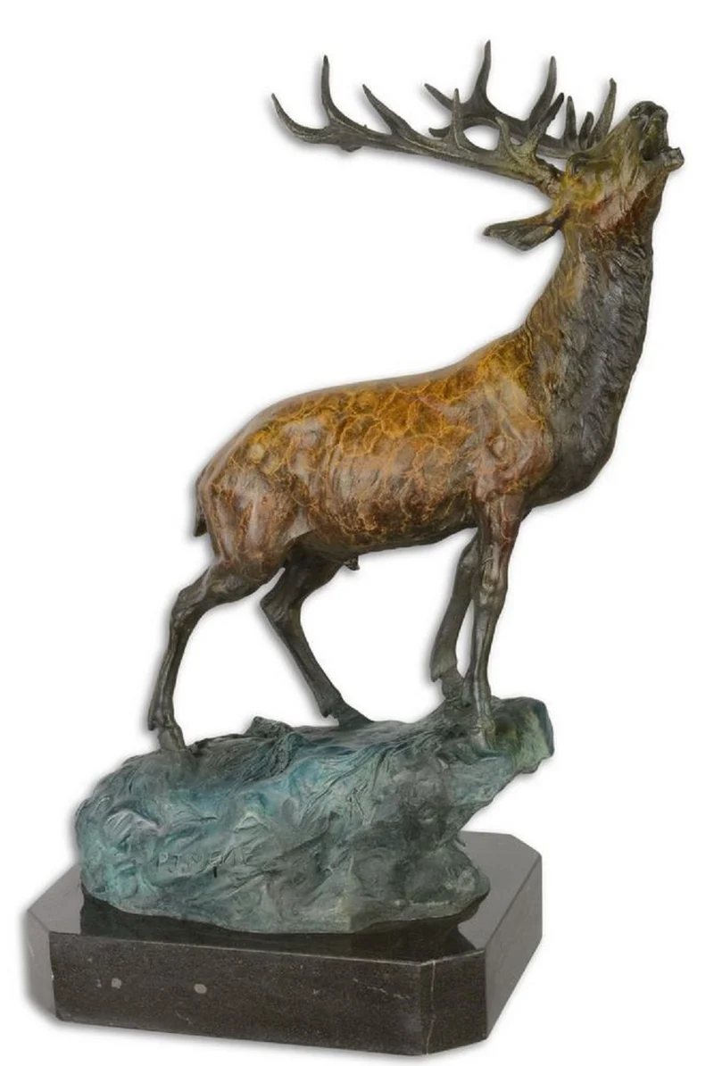 Casa Padrino Luxus Bronzefigur Hirsch auf Felsen Bronze / Blau / Schwarz 26,3 x 18,3 x H. 37,8 cm - Bronze Skulptur mit Marmorsockel