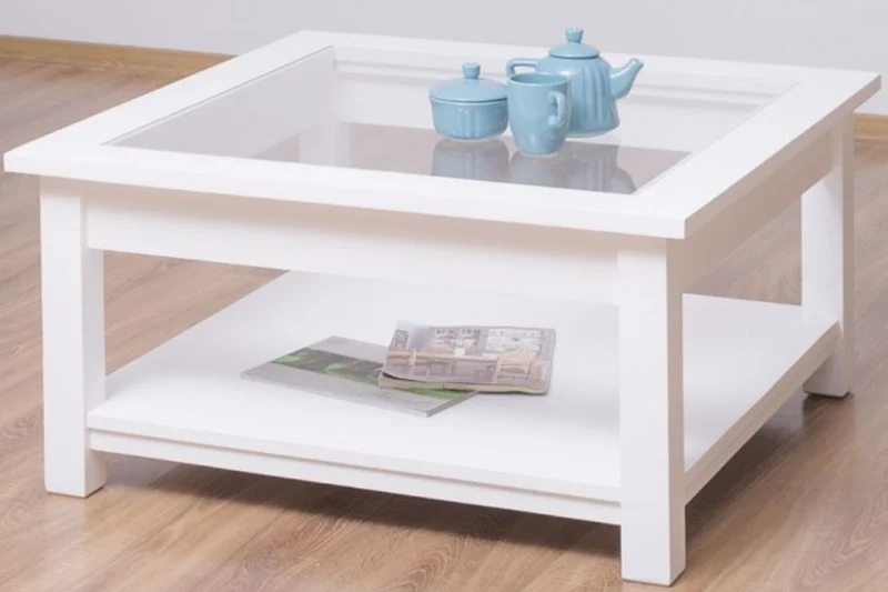 Casa Padrino Landhausstil Couchtisch mit Glasplatte Weiß 90 x 90 x H. 45 cm - Massivholz Wohnzimmertisch - Wohnzimmermöbel im Landhausstil