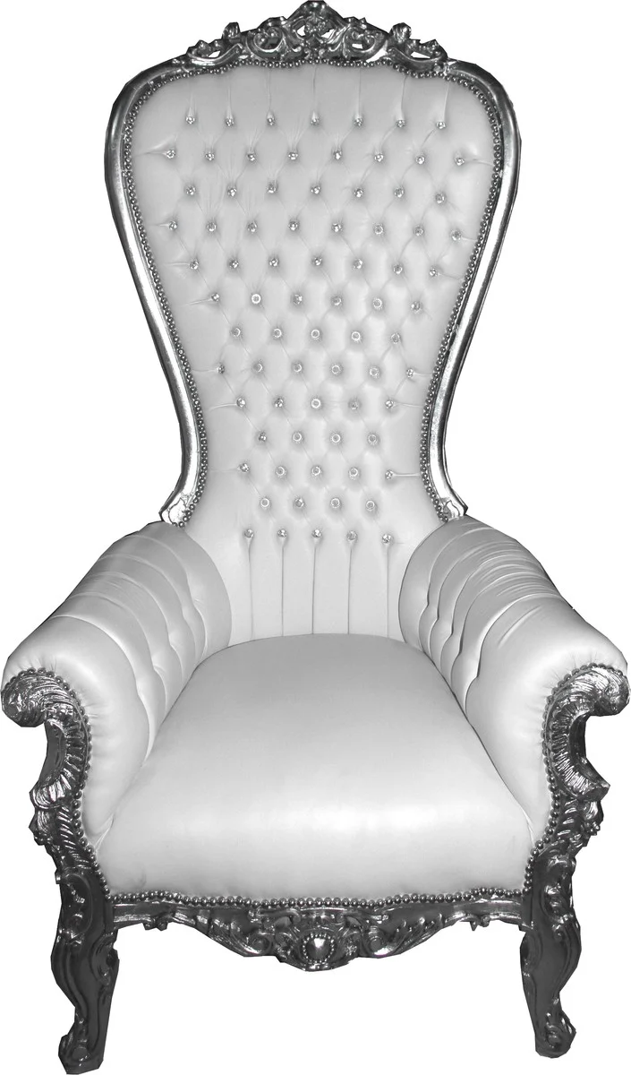 Casa Padrino Barock Thron Sessel Majestic Weiß / Silber mit Bling Bling Glitzersteinen - Riesensessel - Thron Stuhl Tron