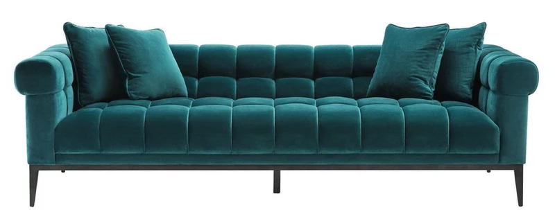 Casa Padrino Luxus Samt Sofa Meergrün / Schwarz 240 x 98 x H. 69 cm - Wohnzimmer Sofa mit 4 Kissen - Wohnzimmer Möbel - Luxus Möbel