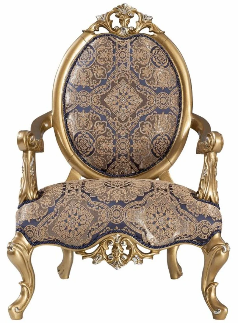 Casa Padrino Luxus Barock Sessel Blau / Gold / Silber 78 x 70 x H. 117 cm - Prunkvoller Wohnzimmer Sessel im Barockstil - Barock Möbel