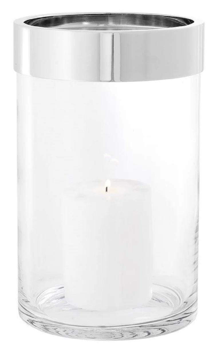 Casa Padrino Luxus Kerzenleuchter Silber Ø 20 x H. 31,5 cm - Runder Glas Kerzenleuchter mit Aluminium Ring - Luxus Kollektion